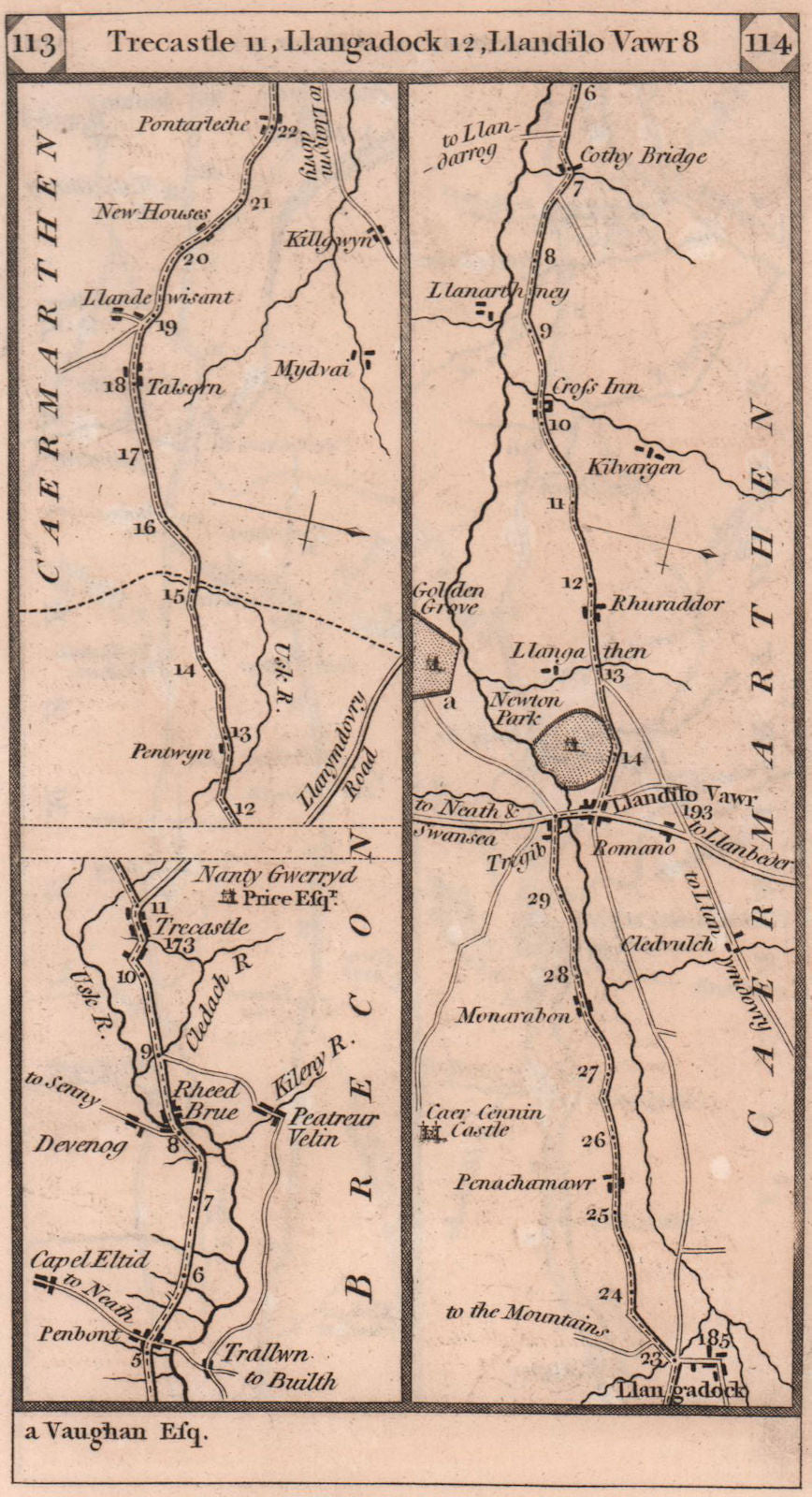 Penbont - Trecastle - Llangadog - Llandeilo road strip map PATERSON 1803